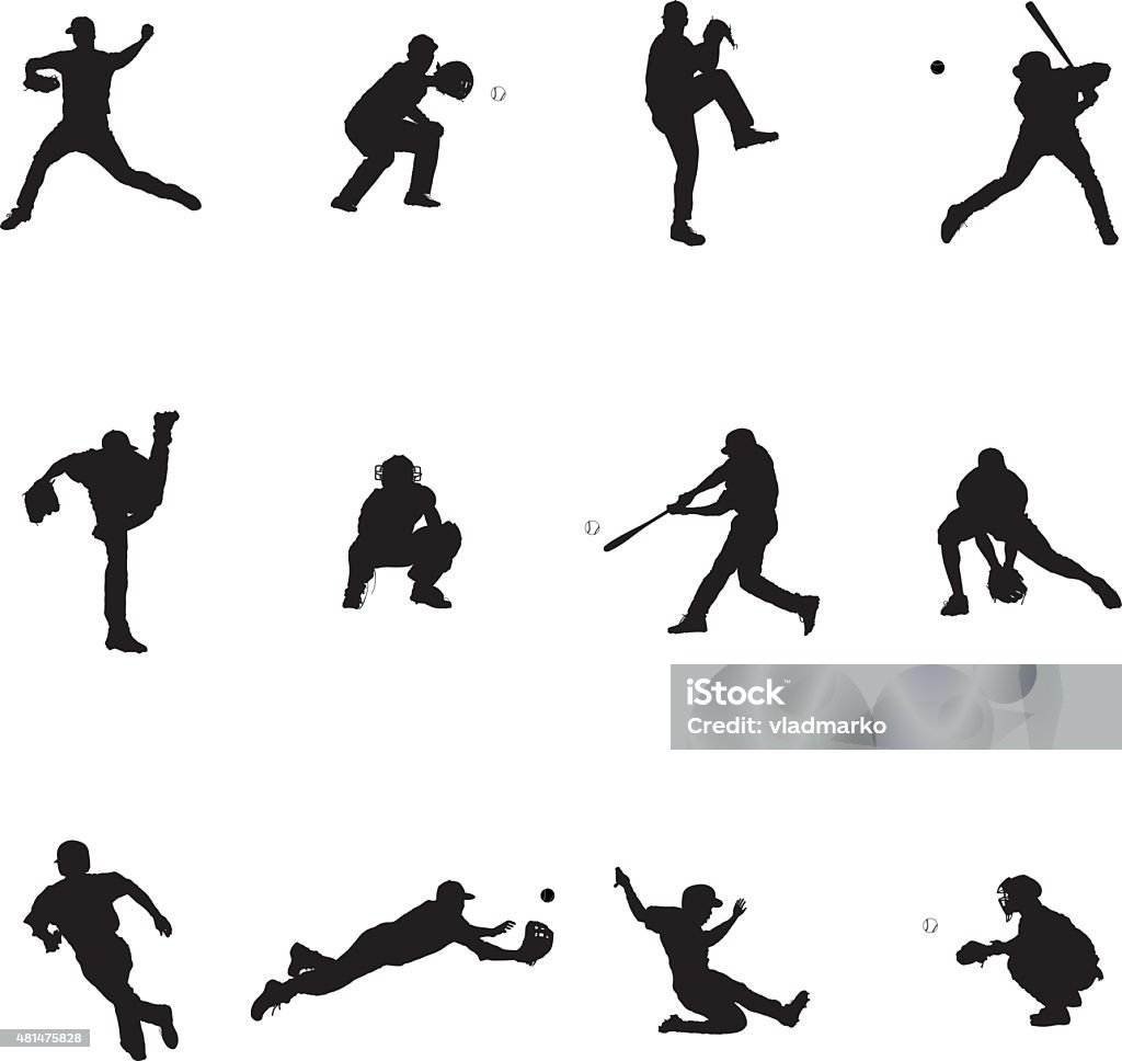 Baseball Set Of Twelve Black Vector Silhouette Illustrations Baseball - Sport stock vector