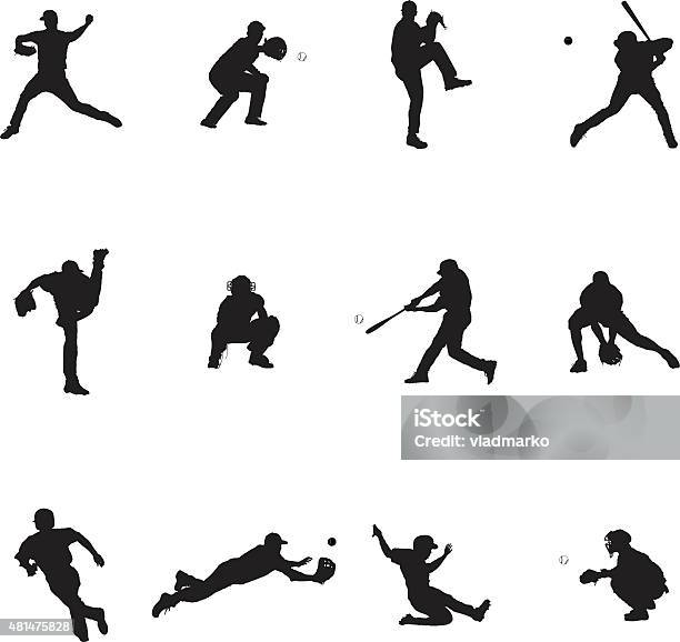 Baseball Set Of Twelve Black Vector Silhouette Illustrations Stock Illustration - Download Image Now