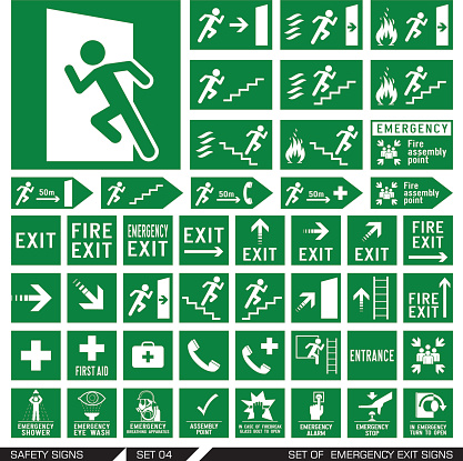 Set of emergency exit signs. Collection of warning signs. Vector illustration. Signs of danger. Signs of alerts.
