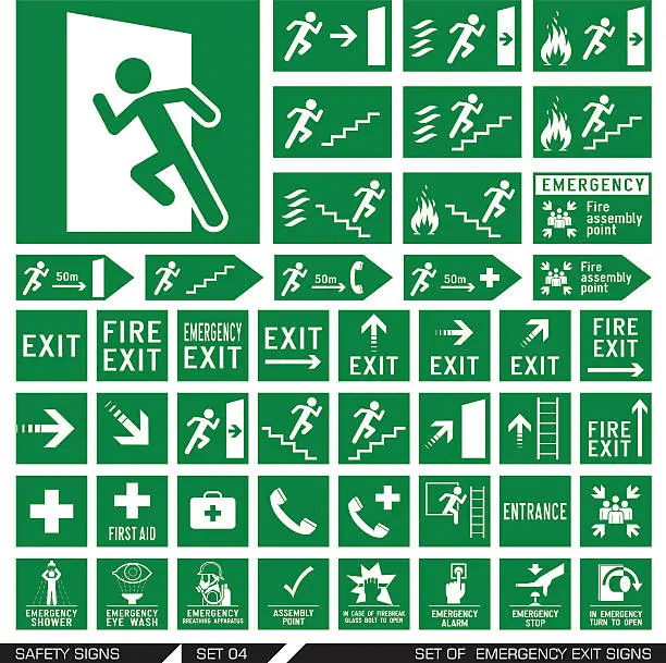 Vector illustration of Set of safety signs. Exit signs.