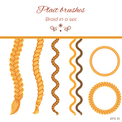 Hair braids, hair plaits isolated on white background. Three strand braid brush, twist plait brush, seamless braids, tress.