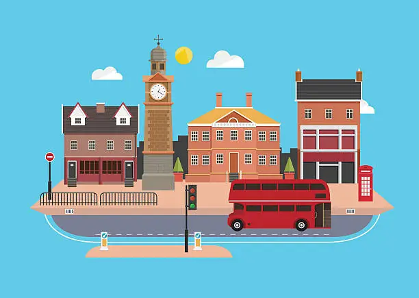 Vector illustration of City street in flat design style, United Kingdom