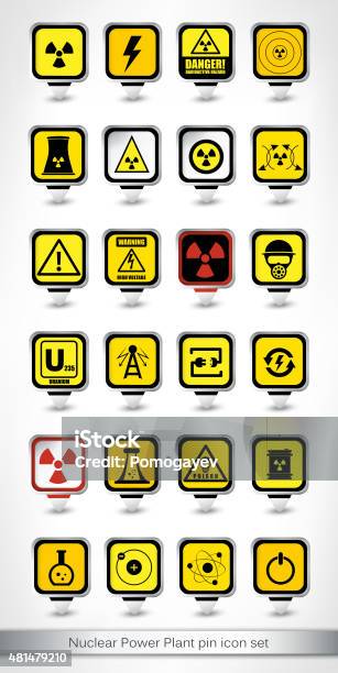 Nuclear Power Plant Pin Icon Set Stock Illustration - Download Image Now - 2015, Battery, Building Entrance