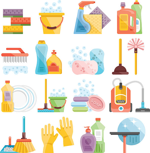 domowych materiały i płaskie ikony zestaw do czyszczenia - soap sud illustrations stock illustrations