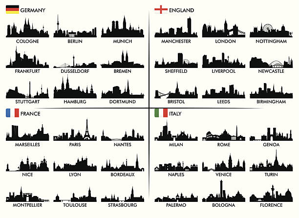 silhouettes of european city skylines with names - milan stock illustrations