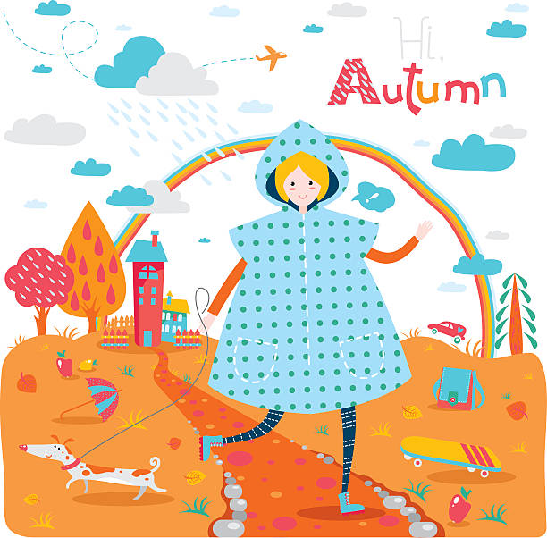 ilustraciones, imágenes clip art, dibujos animados e iconos de stock de otoño banner con adolescente en gabardina y perros - macintosh apple