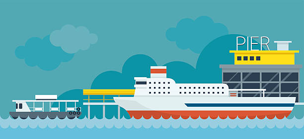 Ferry Boat Pier Flat Design Illustration Icons Objects Side View,  Station Concept ferry stock illustrations