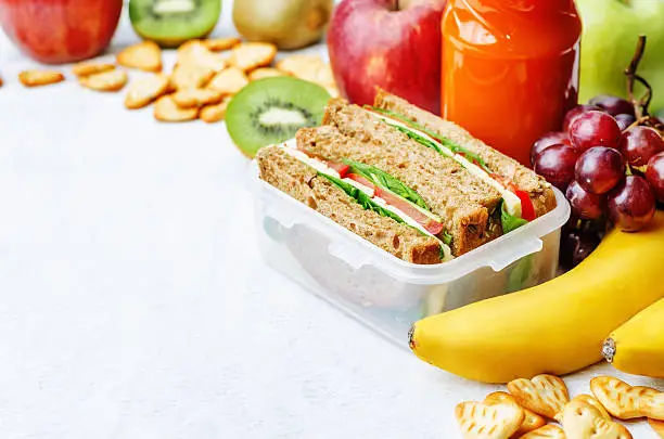 Photo of school lunch with a sandwich, fresh fruits, crackers and juice