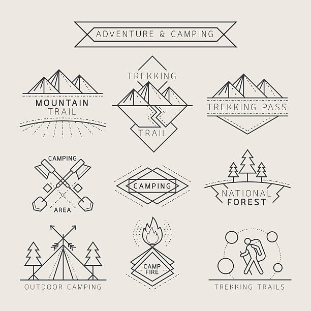 ilustrações de stock, clip art, desenhos animados e ícones de campismo emblema de moda e estilo linear - camping campfire boy scout girl scout