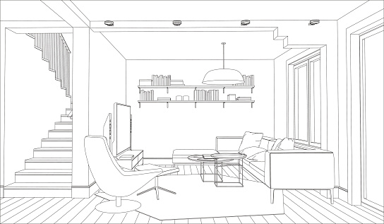 Line drawing of the interior on a white background