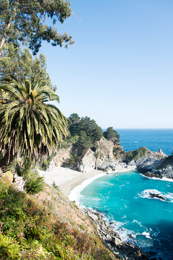 McWay Falls is an 80-foot waterfall located in Julia Pfeiffer Burns State Park, Big Sur, along Highway One, that flows year-round. This waterfall is one of only two in the region that are close enough to the ocean to be referred to as 