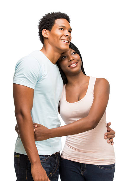 istock Happy young couple holding each other on a white background. 481490015