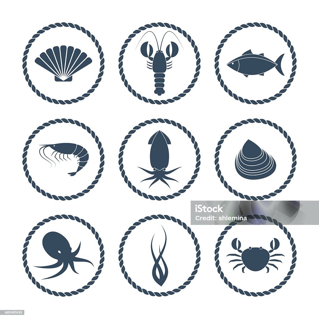 Seafood icons set Collection of round seafood icons in flat style 2015 stock vector