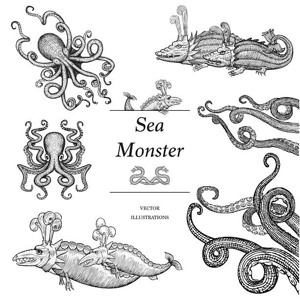 Sea Monster Illustrations Hand drawn Sea Monster Illustrations in a wood cut style.  (each creature/tentacle is an individual vector and can be separated from groups and rearranged) monster fictional character illustrations stock illustrations