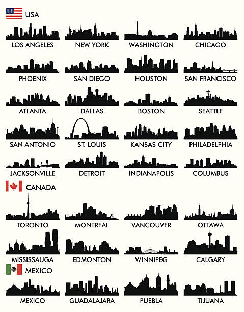 도시 스카이라인 북미 - vancouver skyline canada panoramic stock illustrations