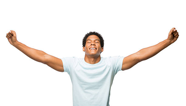 istock Excited young latin man with both arms in the air 481495443