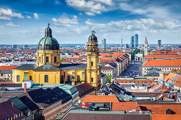 Aerial view of Munich Aerial view of Munich over Theatine Church of St. Cajetan (Theatinerkirche St. Kajetan) and Odeonplatz, Munich, Bavaria, Germany in day time münchen stock pictures, royalty-free photos & images