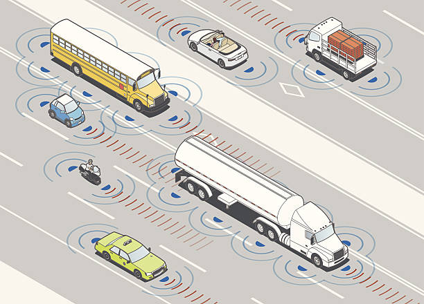 Collision Detection Radar Illustration Cars, trucks and other vehicles travel along a high-speed roadway with radar for collision detection. No specific make or model is represented. semi auto stock illustrations