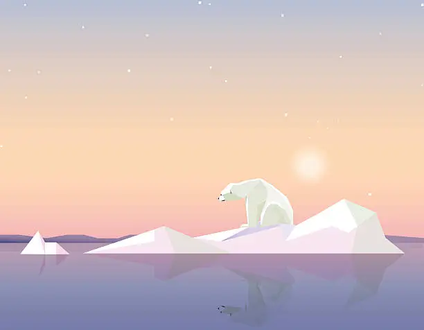 Vector illustration of polar bear standing on the melting iceberg formation on sunset