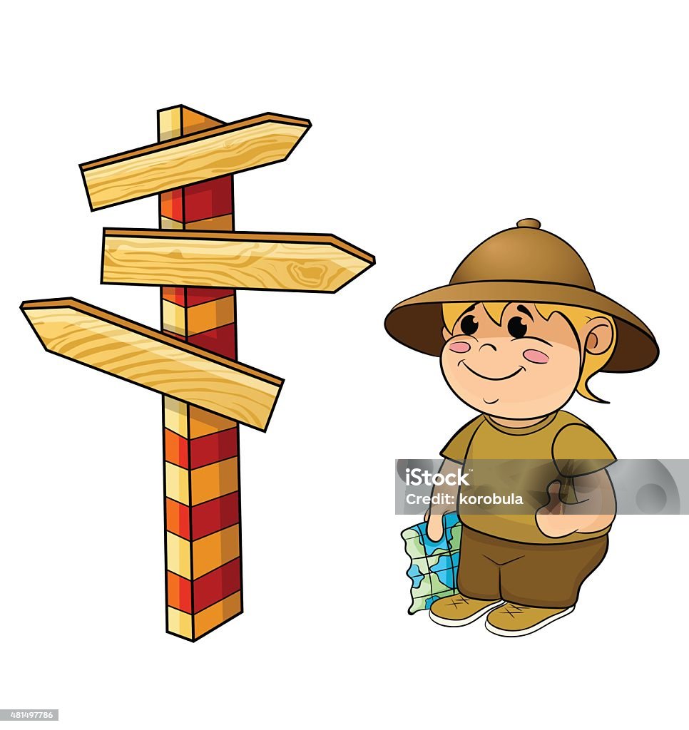 traveler with a map and a sign post traveler with a map and pointer on white background Pith Helmet stock vector