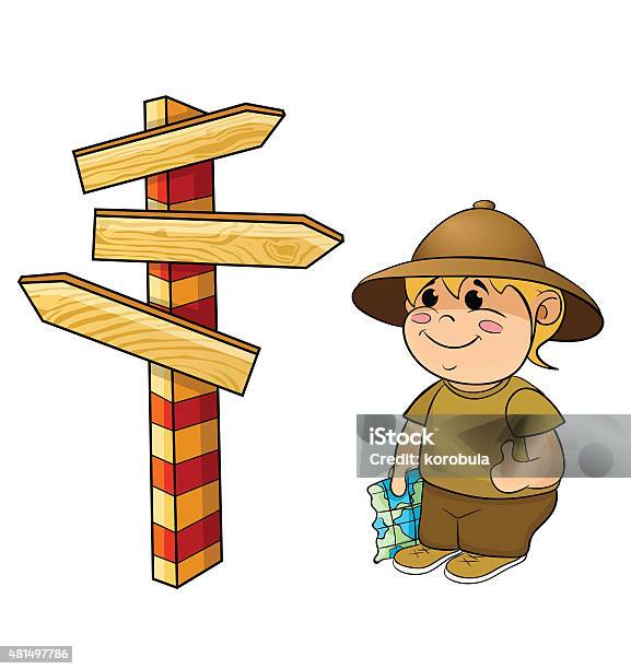 Traveler With A Map And A Sign Post Stock Illustration - Download Image Now - Pith Helmet, 2015, Adult