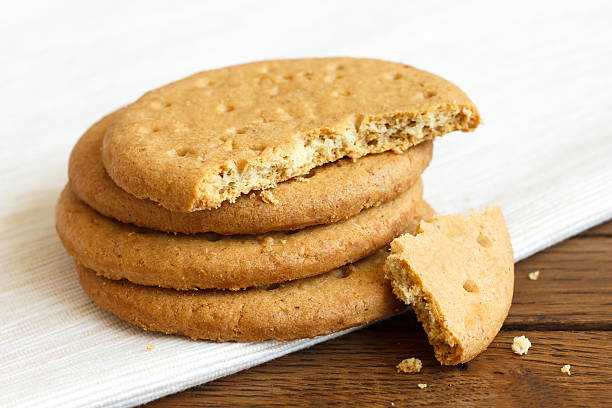 istock Stack of sweetmeal digestive biscuits on dark wood and napkin. 481498422