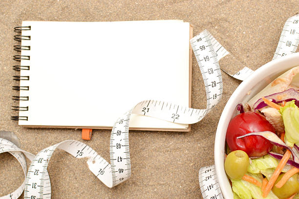 istock Salad, tape measure and shells on sand 481501554