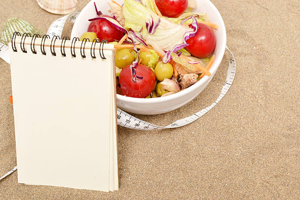 istock Salad, tape measure and shells on sand 481501996