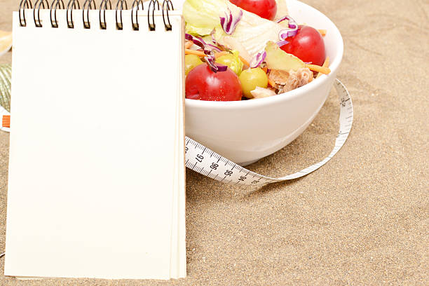 istock Salad, tape measure and shells on sand 481501998