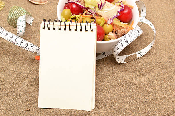 istock Salad, tape measure and shells on sand 481502008