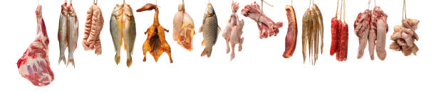 Raw fish,spare ribs and raw hen Raw fish,spare ribs and raw hen on white background raw croaker fish stock pictures, royalty-free photos & images