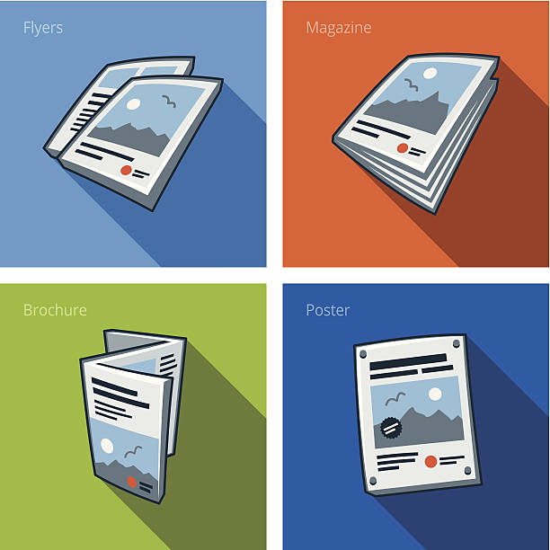 Printouts icon set of flyer, magazine, brochure and poster Set of four printouts icons consisting of flyer, magazine, brochure and poster in cartoon style. Print publishing icon series. vintage funny photos stock illustrations