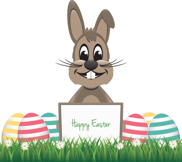 illustrazioni stock, clip art, cartoni animati e icone di tendenza di coniglietto marrone dietro bordo colorato uovo - easter egg isolated remote frame
