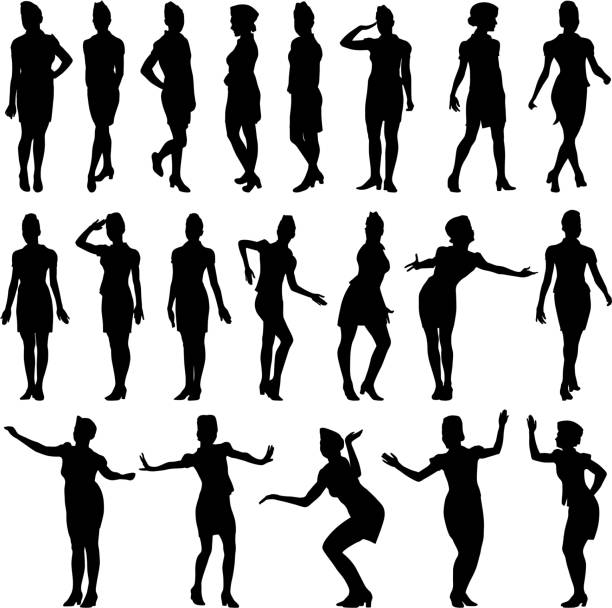 silhouettes of beautiful girls in stewardess forage caps vector art illustration