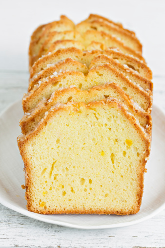 A close up shot of several slices of lemon  flavored pound cake.