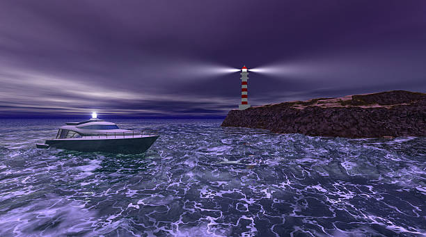 Lighthouse stormy night Magnificent stormy seascape 3d illustration with a cruiser and lighthouse on a cliff lighthouse lighting equipment reflection rock stock pictures, royalty-free photos & images