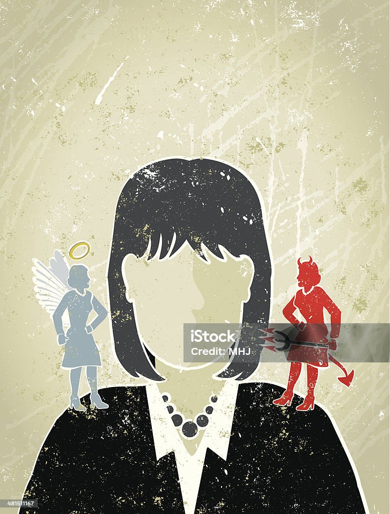 Businesswoman with Angel and Devil on Her Shoulders Decisions, decisions!  an Angel and a devil on his shoulders reminiscent of an old screen print poster and suggesting Choice, temptation, two faced, good and evil, dilemma or Jekyll and Hyde. Woman, angel, devil, paper texture, and background are on different layers for easy editing. Please note: This is an eps10 illustration, transparency has been used on layer tint, clipping paths have been also used, an eps8 version is included without the path and transparency. Devil stock vector