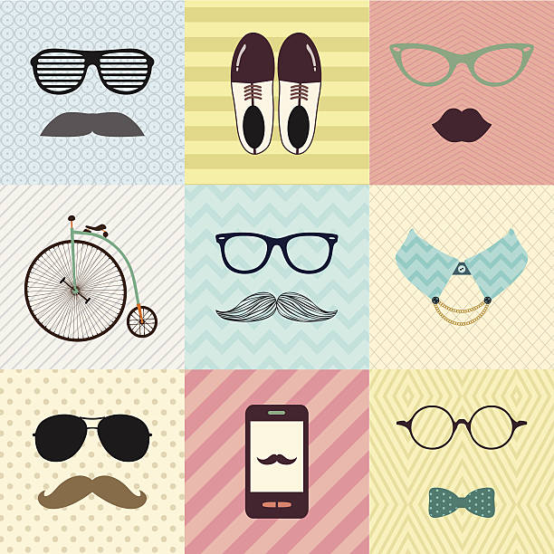 Hipster Vintage Cute Fashion Background Colorful Retro Vintage Cute Fashion Background with Hipster Icons. Vector Illustration background of the cool guy wearing sunglasses stock illustrations