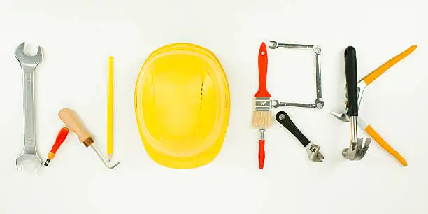 work word written with construction tools on white background
