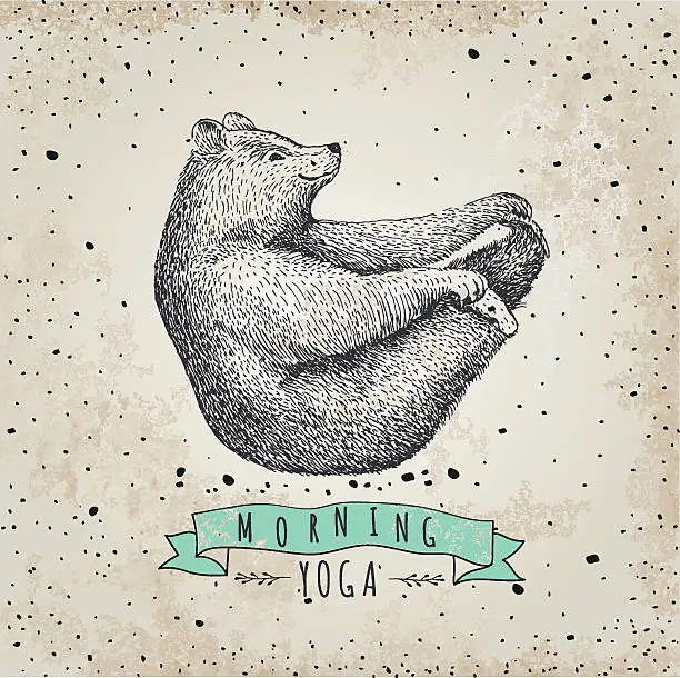 Vector illustration of llustration of bear isolated onvintage background. mormimg yoga! Eps 10