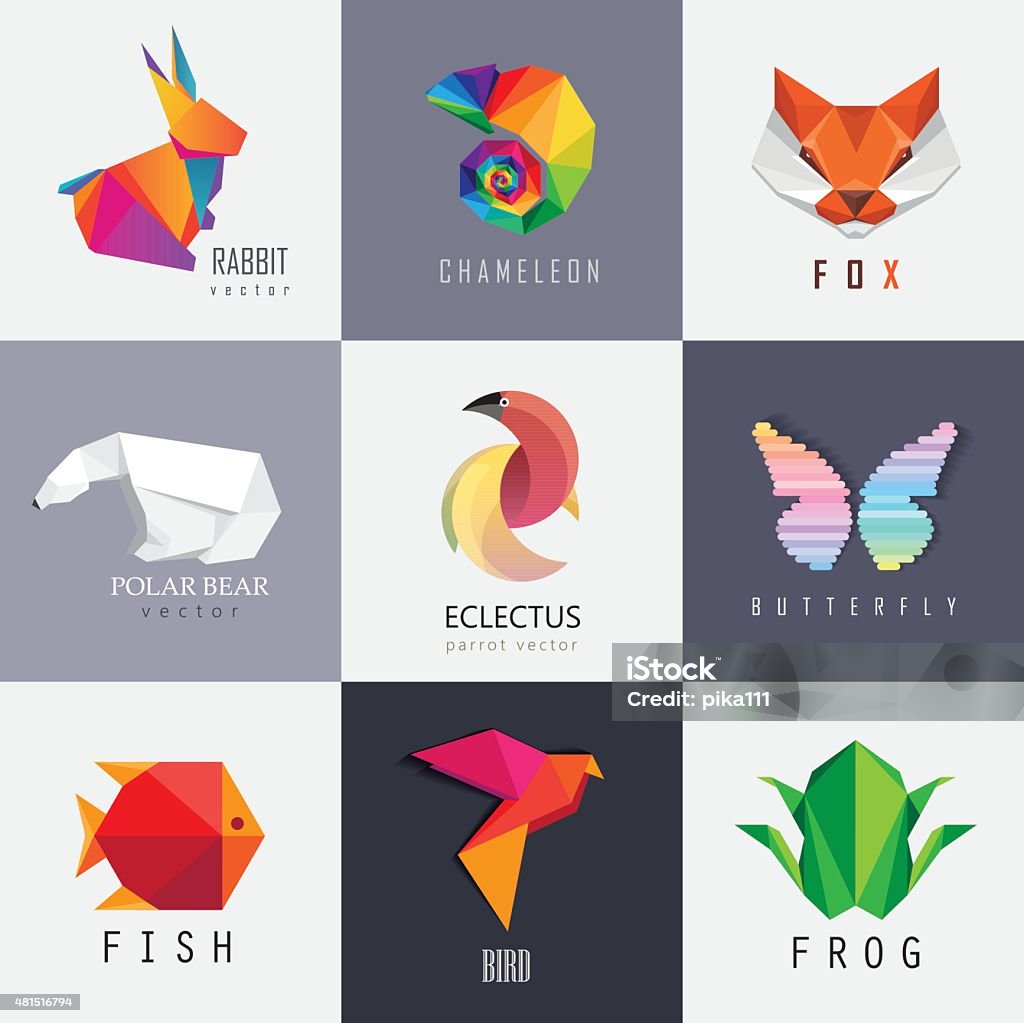 Abstract colorful vibrant animal icon design set collection Abstract colorful vibrant animal icon design set collection. Rabbit, chameleon, red fox, polar bear, parrot, butterfly, fish, bird and frog designs Animal Themes stock vector