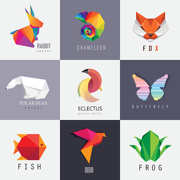 Abstract colorful vibrant animal icon design set collection Abstract colorful vibrant animal icon design set collection. Rabbit, chameleon, red fox, polar bear, parrot, butterfly, fish, bird and frog designs chameleon icon stock illustrations
