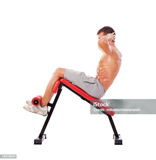 Abs Workout Upper Position Stock Photo - Download Image Now - Bench, Deterioration, Gym