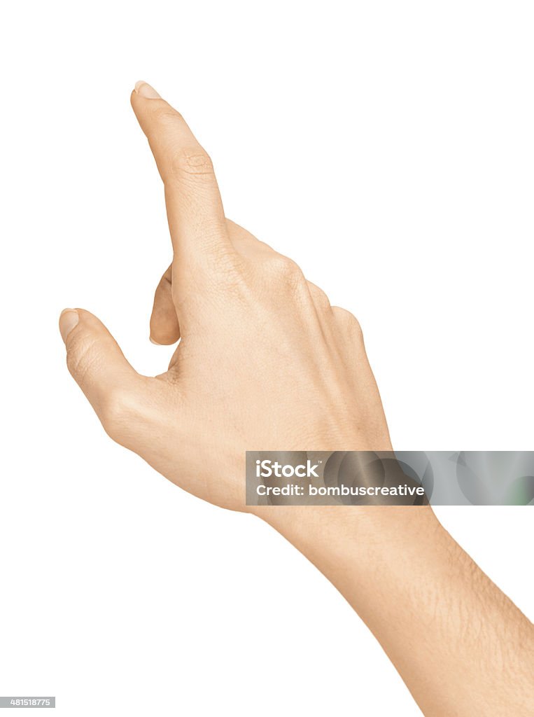 Press The Button Hand simulating pressing something with index finger, isolated on a white background. Hand Sign Stock Photo