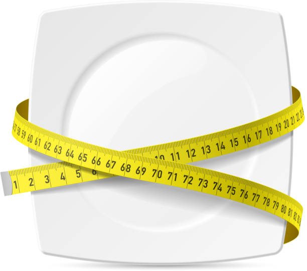 Plate with measuring tape - diet theme Vector illustration with transparent effect. Eps10. tape measure stock illustrations