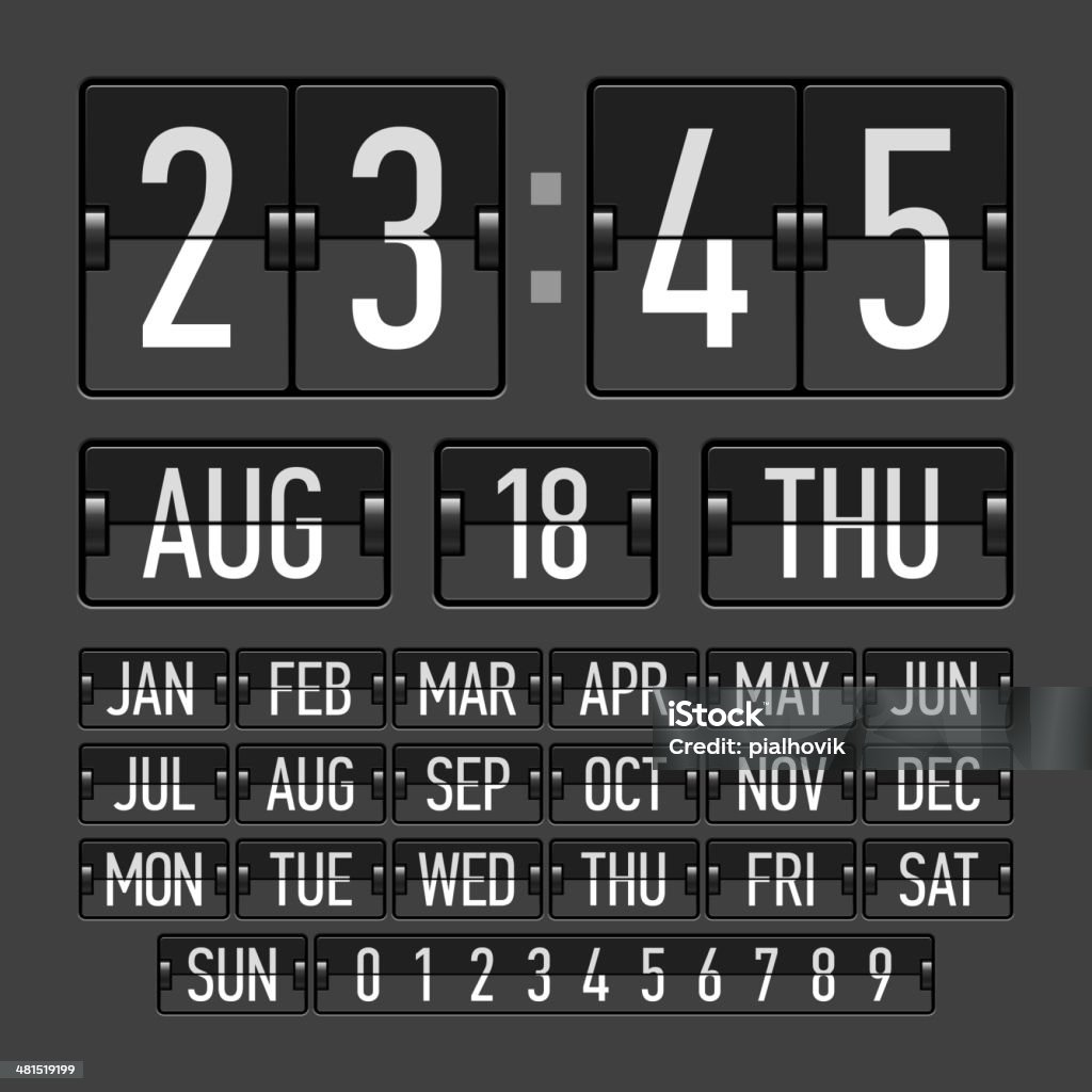 Flip clock mit Uhrzeit, Datum und Tag - Lizenzfrei Alphabet Vektorgrafik