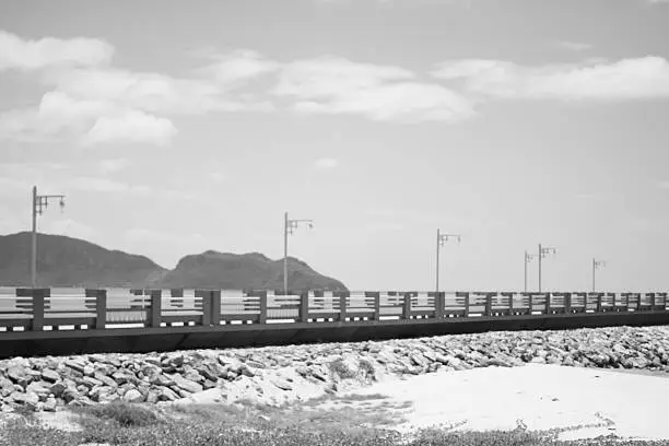 The bridge extends to the sea with blue sky as black and white.