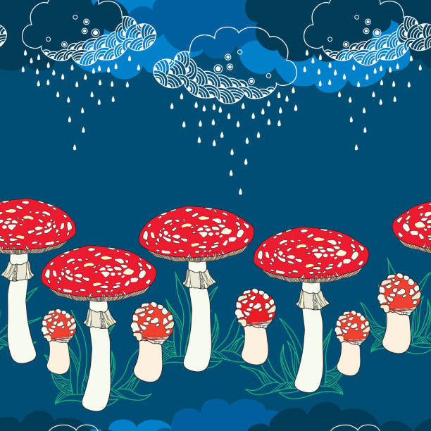 Seamless pattern with amanita mushrooms and rainy clouds Seamless pattern with amanita mushrooms and rainy clouds. little grebe (tachybaptus ruficollis) stock illustrations