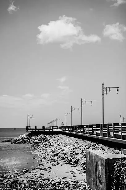The bridge extends to the sea with blue sky as black and white.