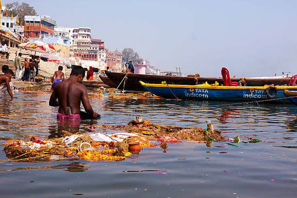 Pollution in River Ganges at Varanasi, India stock photo
